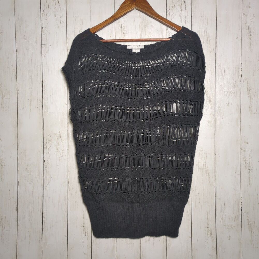 Black Open Knit Crochet Sweater Size L Sheer Boho Festival Cover Up Punk
